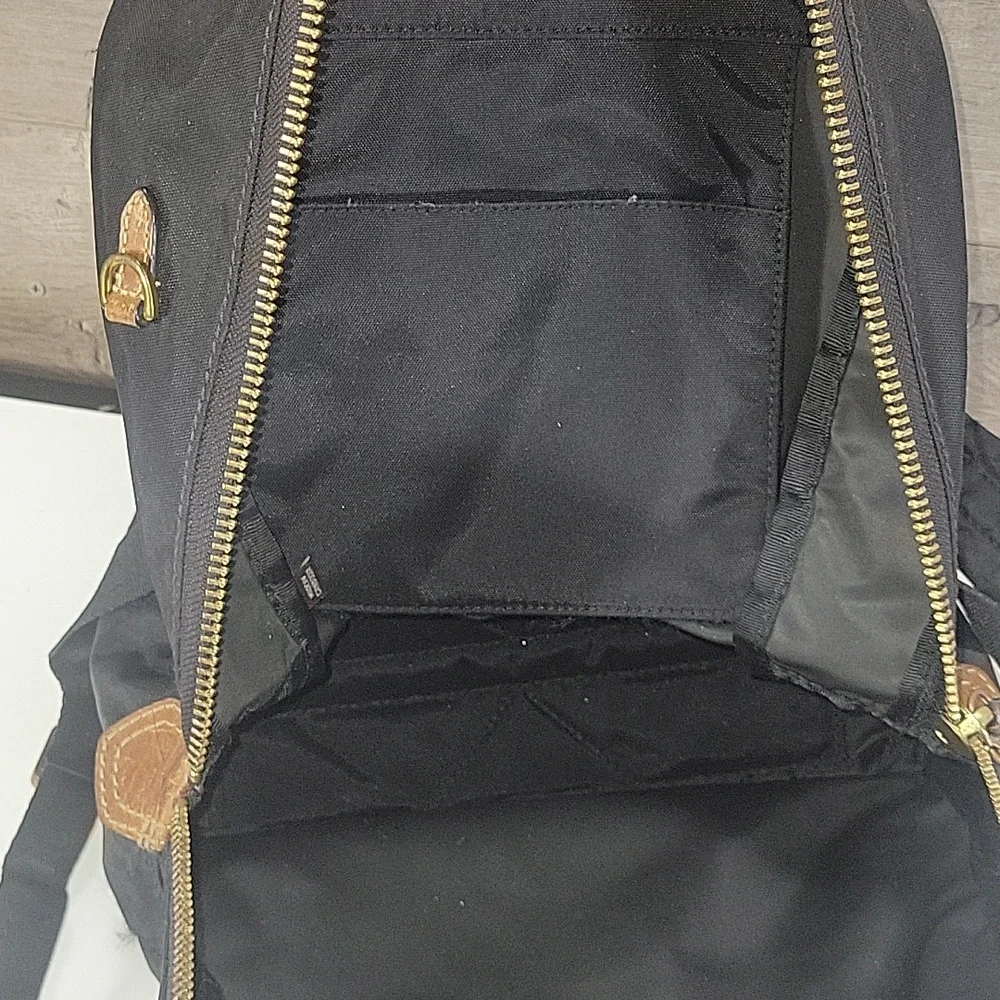 Frye Nylon Black and Brown Leather Trim Backpack with Gold Accents